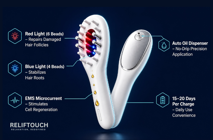 EMS Hair Growth Comb – Red & Blue Light Scalp Massager